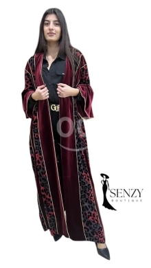 Clothes, Footwear & Accessories in Ferzol - Luxury Velvet Abaya with Leopard Print Insets - High-Quality Burgundy Modest Cape with Gold Trim