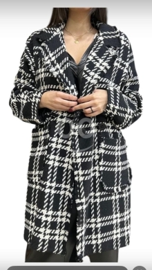 Clothes, Footwear & Accessories in Ferzol - Chic Black & White Plaid Textured Coat - Mid-Length Open-Front Outerwear with Fringed Hem Details