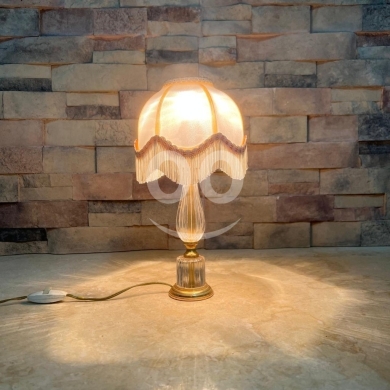Elegant Mid-Century Crystal and Brass Table Lamp with Fringe Velvet Shade — 2