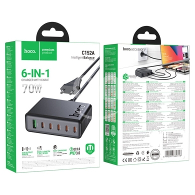 Mobile accessories dans Biakout - hoco. C152A 70W GaN 6-Port Desktop Charger | Multi-Device Fast Charging Station with 1.5m Cable