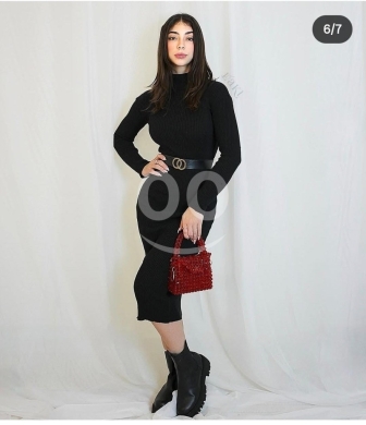 Vêtements, chaussures et accessoires dans Saïda - فستان ميدي نسائي أنيق من القطن المضلع - أكمام طويلة وقصة ضيقة مع حزام خصر عصري
