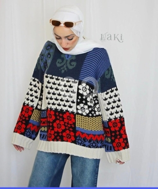 Vêtements, chaussures et accessoires dans Saïda - كنزة صوفية (بلوفر) بوهيمية بتصميم "باتشورك" واسع - سترة محبوكة بنقوش متعددة وألوان حيوية