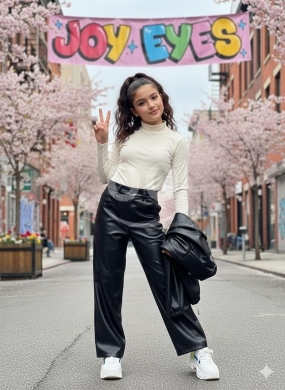 طقم بناتي كاجوال بنطلون جلد بني وبلوزة ناعمة | Trendy Girls' Brown Leather Pants & Soft T… — 4