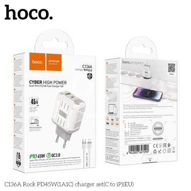 Mobile accessories dans Biakout - Hoco C136A Rock 45W Fast Charger Set - PD3.0/QC3.0 Dual Port (USB-C & USB-A) with 1m Type-C Cable