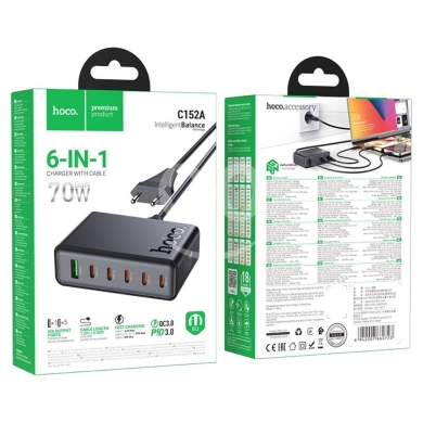 Mobile accessories dans Biakout - Hoco C152A 6-in-1 GaN 70W Desktop Charger with 5 USB-C & 1 USB-A Ports + 1.5m Power Cable