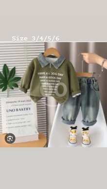 Clothes, Footwear & Accessories in Tripoli - طقم ولادي كاجوال بلوزة زيتية وبنطلون جينز مريح | Boys Casual Olive Sweatshirt & Denim Jeans Set