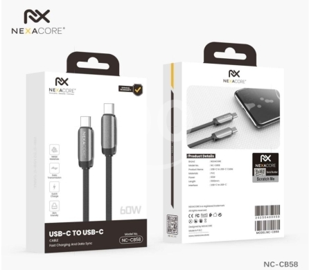 Mobile accessories dans Arabe el-Jal - كابل نيكسا كور USB-C إلى USB-C بقدرة 60 واط موديل NC-CB58 للشحن السريع | NEXACORE 60W Fast Charging