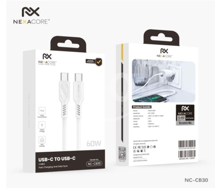 Mobile accessories in Arab el-Jal - كابل نيكسا كور USB-C إلى USB-C بقدرة 60 واط موديل NC-CB30 للشحن السريع | NEXACORE 60W Fast Charging