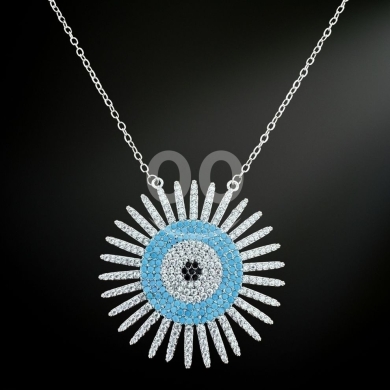 Clothes, Footwear & Accessories in Beirut City - عقد فضي بتصميم شمس العين الزرقاء مرصع بالزركون | Elegant Silver Evil Eye Sun Pendant Necklace