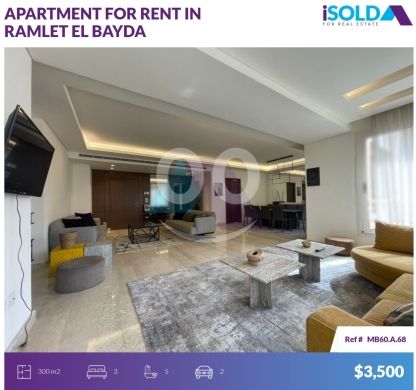 Apartments for rent in Ramlet al-Baydah - Furnished 300m2 apartment 4rent in Ramlet El Bayda-شقة في رملة البيضاءMB60A68