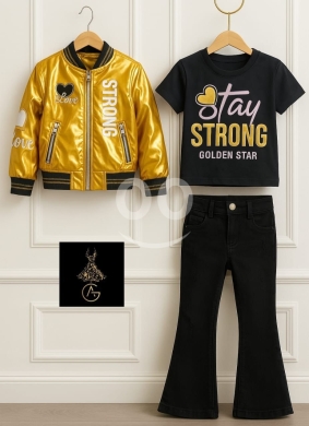 مستلزمات الاطفال في Loussiya - طقم بناتي 3 قطع جلد وجينز ترند عيد 2026 | Girls&#039; 3-Piece Luxury Leather & Denim Eid Set