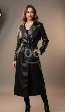 Clothes, Footwear & Accessories in Tripoli - معطف نسائي طويل من الجلد الأسود الفاخر بتصميم كلاسيكي | Elegant Long Black Leather Trench Coat for W