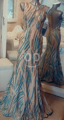 Vêtements, chaussures et accessoires dans Tripoli - فستان سهرة "ميرميد" راقٍ بنقشات متموجة باللونين الذهبي والتركواز للإيجار | Elegant Mermaid Evening