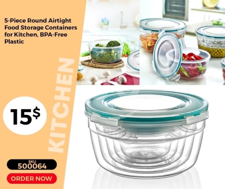 Kitchen appliances in Mansoura - طقم حافظات طعام بلاستيكية دائرية محكمة الإغلاق 5 قطع | 5-Piece Round Airtight Food Storage Container