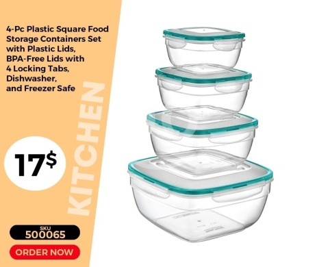 Kitchen appliances in Mansoura - طقم حافظات طعام بلاستيكية مربعة 4 قطع بآلية قفل | 4-Pc Plastic Square Food Storage Containers Set