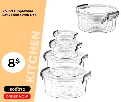 Kitchen appliances in Mansoura - طقم حافظات طعام بلاستيكية دائرية 4 قطع مع أغطية محكمة | 4-Piece Round Tupperware Food Storage Set