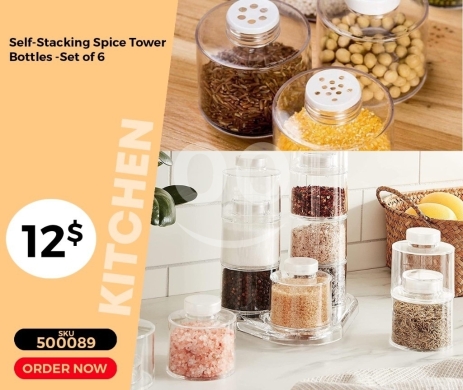 Kitchen appliances in Mansoura - طقم أباريق توابل زجاجية ذاتية التكديس 6 قطع | Self-Stacking Spice Tower Bottles - Set of 6