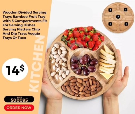 Kitchen appliances in Mansoura - طبق تقديم مقسم من خشب البامبو بـ 5 أقسام | Wooden Divided Bamboo Serving Tray - 5 Compartments