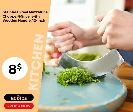 Kitchen appliances in Mansoura - مفرمة "ميزالونا" ستانلس ستيل بمقبض خشبي | 10-Inch Stainless Steel Mezzaluna Chopper with Wooden Hand