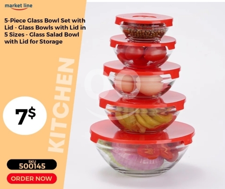 أدوات المطبخ في منصورة - 5-Piece Glass Bowl Set with Lids - 7$ | طقم زبادي زجاج 5 قطع مع أغطية - 7$