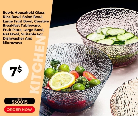 Kitchen appliances in Mansoura - وعاء زجاجي كبير للسلطة والفواكه بتصميم مطروق عصري | Modern Hammered Glass Large Salad and Fruit Bowl