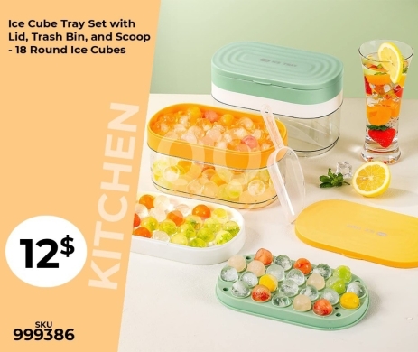 Kitchen appliances in Mansoura - طقم صانع كرات الثلج مع حاوية تخزين ومغرفة - 18 مكعب دائري | Ice Cube Tray Set with Bin and Scoop