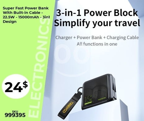 Mobile accessories in Mansoura - باور بانك 3 في 1 فائق السرعة 15000 مللي أمبير للسفر | 3-in-1 Fast Power Bank 15000mAh for Travel