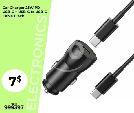 Mobile accessories in Mansoura - شاحن سيارة 25 واط مع كابل USB-C إلى USB-C أسود | 25W PD Car Charger with USB-C to USB-C Cable