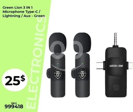 Other Mobile Phones & Accessories in Mansoura - ميكروفون لاسلكي Green Lion 3 في 1 (Type-C/Lightning/Aux) | Green Lion 3-in-1 Wireless Microphone
