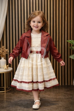 Clothes, Footwear & Accessories in Tripoli - فستان بناتي دانتيل أنيق وجاكيت جلد خمري عصري | Chic Girls&#039; Lace Dress & Burgundy Faux Leather Jacket