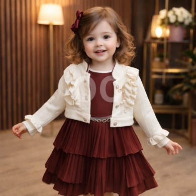 Vêtements, chaussures et accessoires dans Tripoli - فستان بناتي خمري ملكي مع جاكيت أوف وايت أنيق | Elegant Burgundy Girls Dress with Off-White Jacket