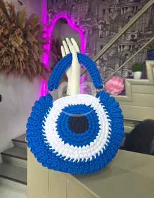 Clothes, Footwear & Accessories in Tripoli - حقيبة كروشيه دائرية زرقاء بتصميم العين الواقية | Blue Round Crochet Blue Eye Handbag