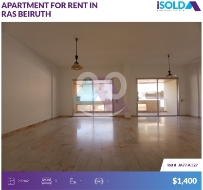 Apartments for sale in Ras-Beyrouth - 240m2 apartment 4rent in Ras Beiruth - شقة للإيجار في رأس بيروتJA77A527