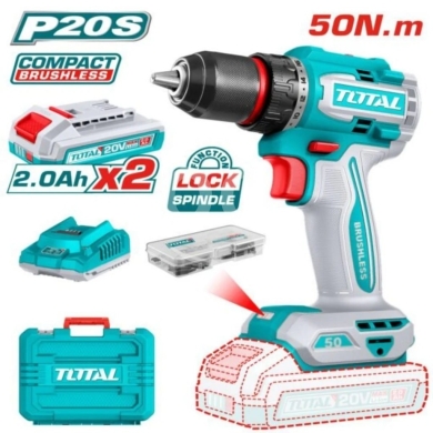 DIY Tools & Materials in Tripoli - دريل توتال لاسلكي 20 فولت محرك بروشلس مع بطاريتين | Total 20V Cordless Brushless Drill with 2 Batter