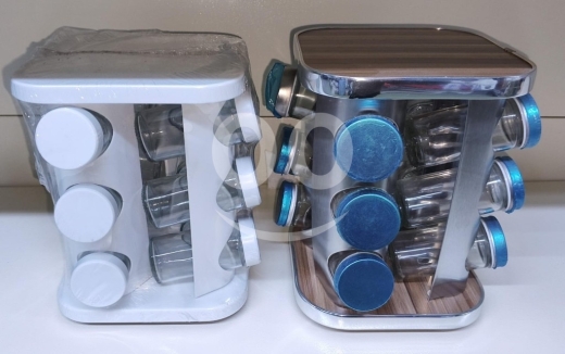 Kitchen in Saida - ستاند بهارات ستانلس ستيل مع 12 مرطبان زجاجي | Stainless Steel Spice Rack with 12 Glass Jars