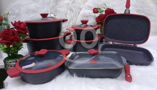 Kitchen in Saida - طقم طناجر غرانيت ثقيل 14 قطعة مع شواية مزدوجة | 14 Pcs Heavy Duty Granite Cookware Set
