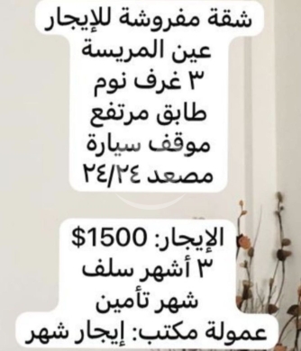 Apartments for rent in Beirut City - عين المريسه شقه مفروش