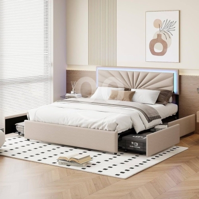 Bedroom in Mar Elias - سرير مزدوج مبطن مع إضاءة LED و4 أدراج تخزين | Double Padded Bed with LED Lighting & 4 Drawers