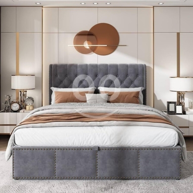 إطار سرير كينج مخملي مع نظام تخزين هيدروليكي 180x200 | Grey Velvet Ottoman Storage Bed 18… — 4