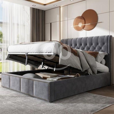 Bedroom in Mar Elias - إطار سرير كينج مخملي مع نظام تخزين هيدروليكي 180x200 | Grey Velvet Ottoman Storage Bed 180x200