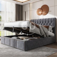 إطار سرير كينج مخملي مع نظام تخزين هيدروليكي 180x200 | Grey Velvet Ottoman Storage Bed 180x200