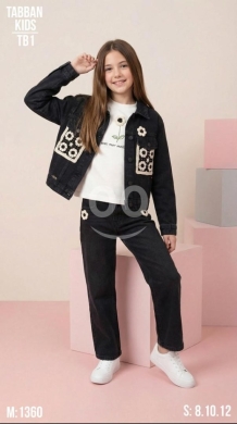 Clothes, Footwear & Accessories in Jeb Jenine - طقم بناتي عصري: جاكيت جينز أسود مع بنطال متناسق | Trendy Girls&#039; Black Denim Set with Floral Accents
