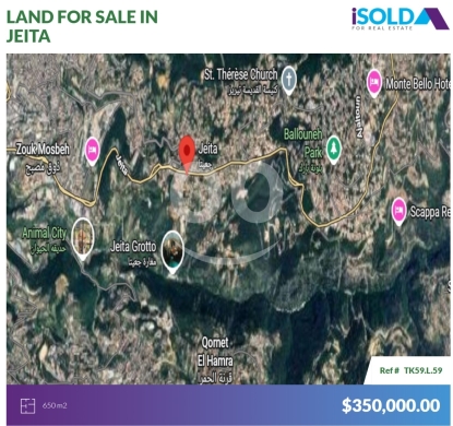 Lands for sale in Jeita - 650m2 land+prime location 4sale in Jeita - أرض للبيع في جعيتاTK59L59