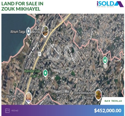 Lands for sale in Zouk Mikaël - 452m2 Flat land 4sale in Zouk Mikhayel - أرض للبيع في زوق مكايلTK59L63