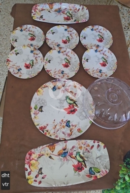 أدوات المطبخ في طرابلس - طقم كيك ملامين نقشة عصافير قالب مع غطاء و6 صحون و2 جاط | Melamine Cake Set with Bird Print & Cover