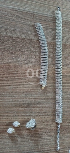طقم مجوهرات فضة خالص وستراس - كولييه وإسوارة وحلق وخاتم | Pure Silver & Strass Jewelry Set