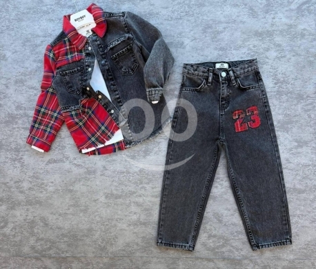 Produits pour bébés et enfants dans Nadim al Jesser - طقم ولادي 3 قطع عصري بتصميم جينز وكاروهات | Boys Modern 3-Piece Denim & Plaid Set