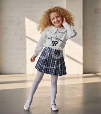 طقم بناتي أنيق ببلوزة بيضاء وتنورة كاروهات كحلي | Girls White Peter Pan Collar & Plaid Sk… — 2