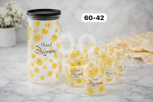 Kitchen appliances in Loussiya - طقم إبريق و6 كبايات زجاج Good Morning غطاء ضغط 7 قطع | 7-Piece Good Morning Glass Pitcher & 6 Cups