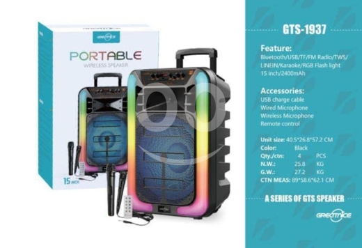 Audio & Stereo in Beirut City - سبيكر محمول GTS-1937 حجم 15 إنش مع ميكروفونات وإضاءة RGB كاملة | Large 15-inch Portable Speaker GTS